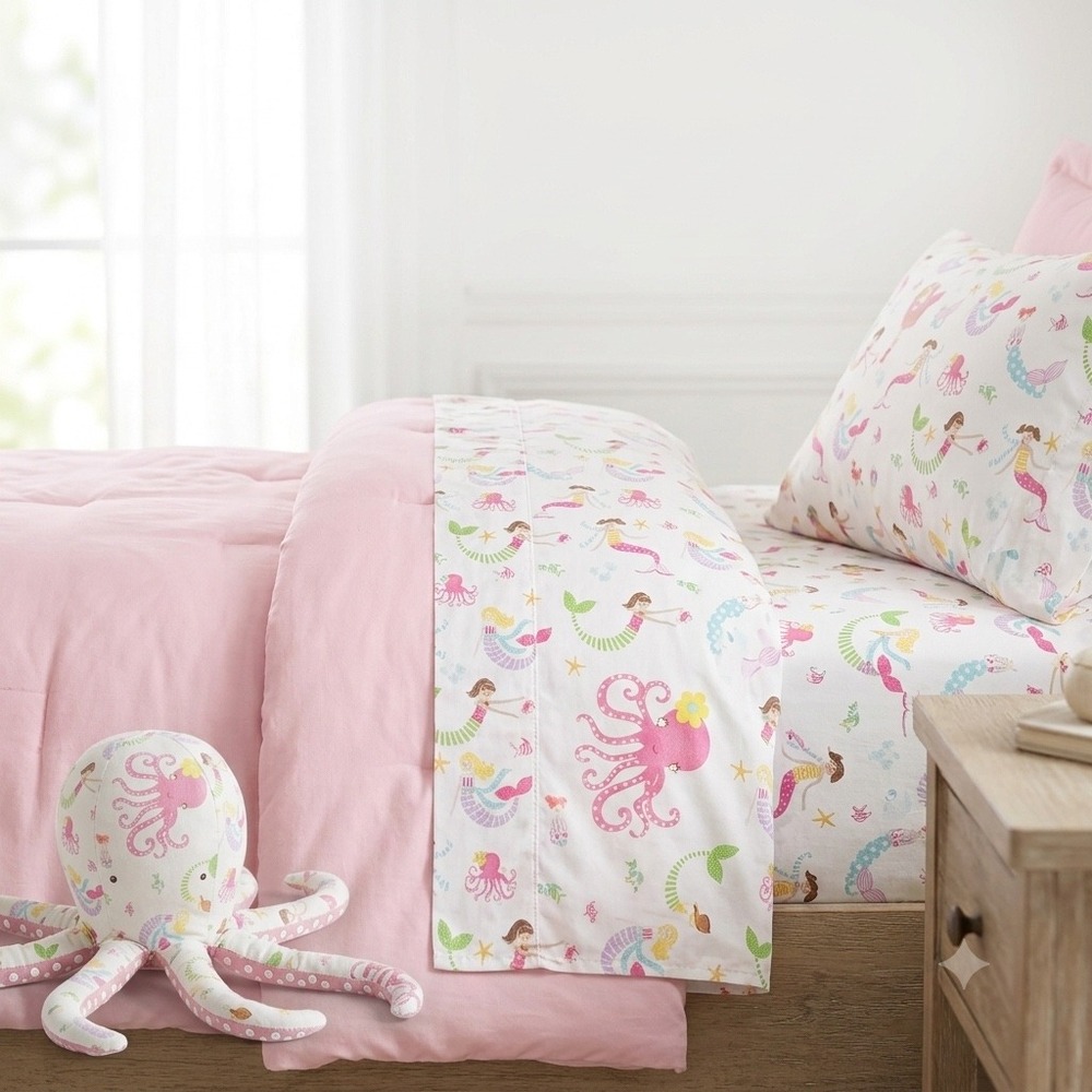 Pottery Barn Kids Mermaid Organic Cotton Flat Sheet Full Pink Blue White Ocean